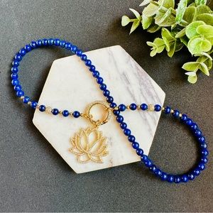 Lapis Lazuli Pave Carabiner Clasp Lotus Flower Pendant